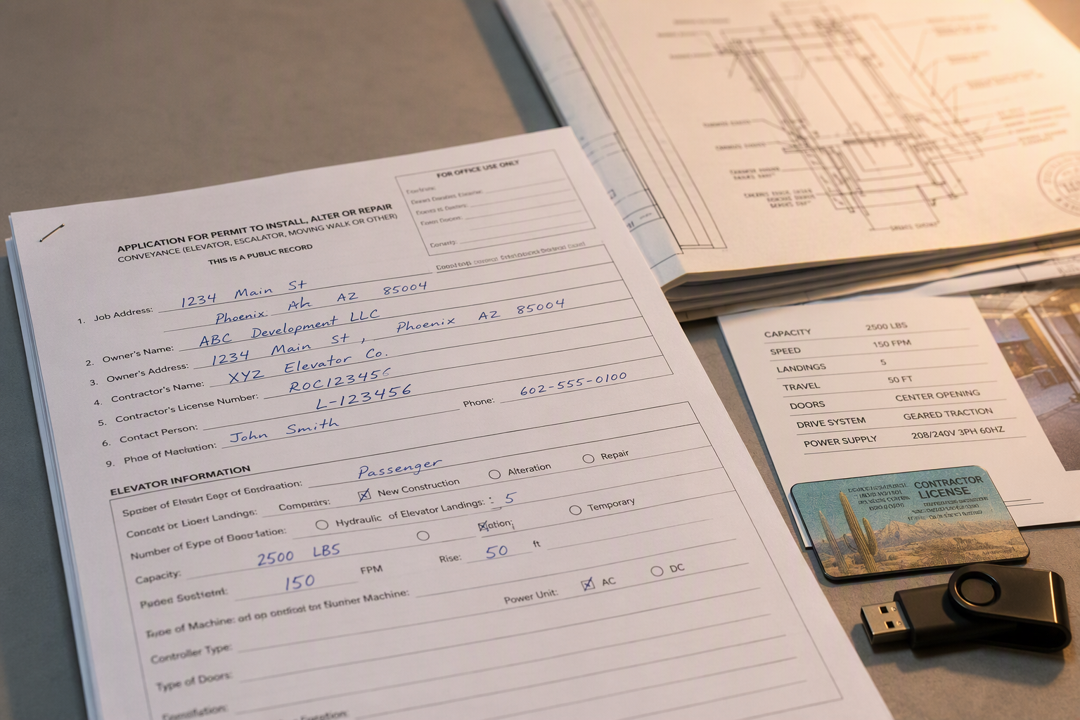 Complete Arizona elevator permit application package including engineered drawings, equipment specifications, and contractor license documentation required for submission