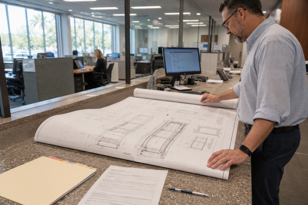 Building official reviewing engineered elevator hoistway drawings at a Phoenix AZ permit counter during the Arizona elevator permit approval process