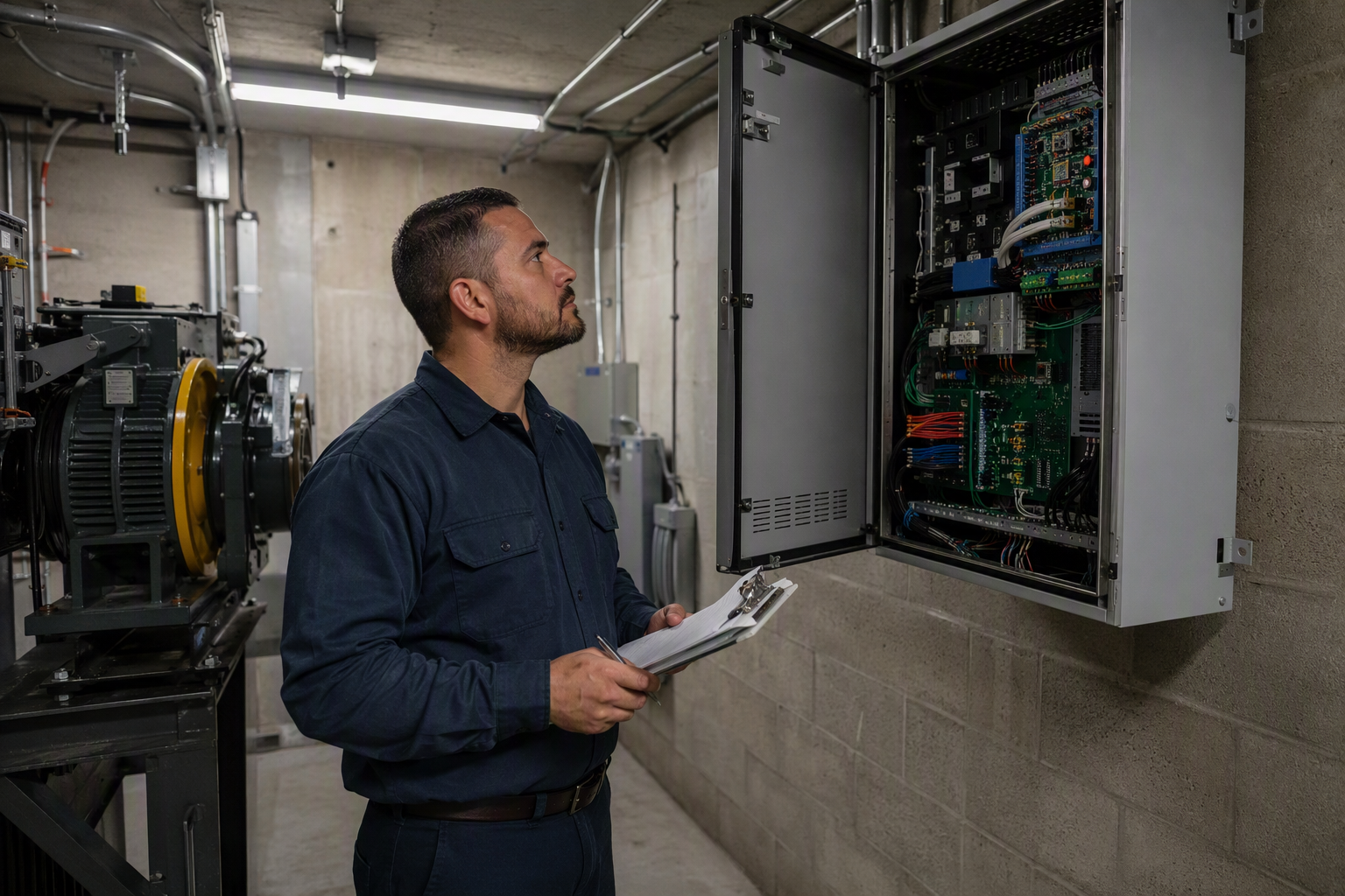Elevator technician reviewing inspection checklist beside an open controller cabinet in a commercial building machine room in Scottsdale Arizona