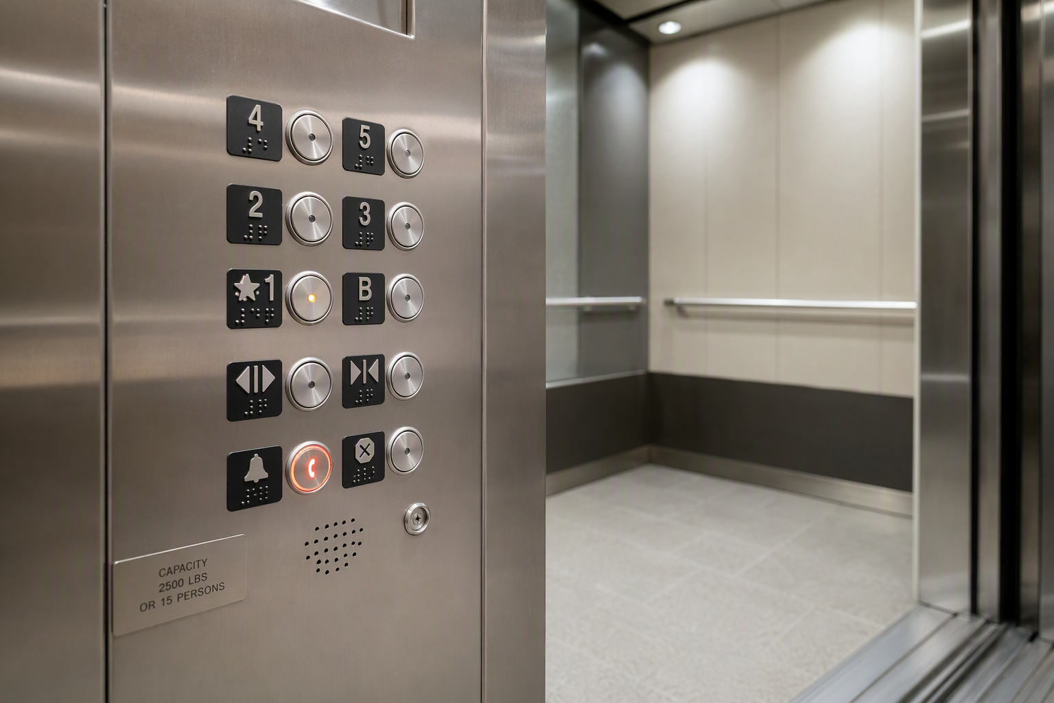 ADA-compliant elevator cab interior in Arizona school showing Braille buttons, emergency communication panel and handrail meeting ASME A17.1 and ADA code requirements
