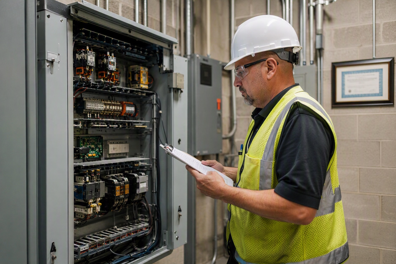 Licensed elevator inspector reviewing inspection checklist at school building machine room controller panel in Tucson Arizona for state elevator code compliance