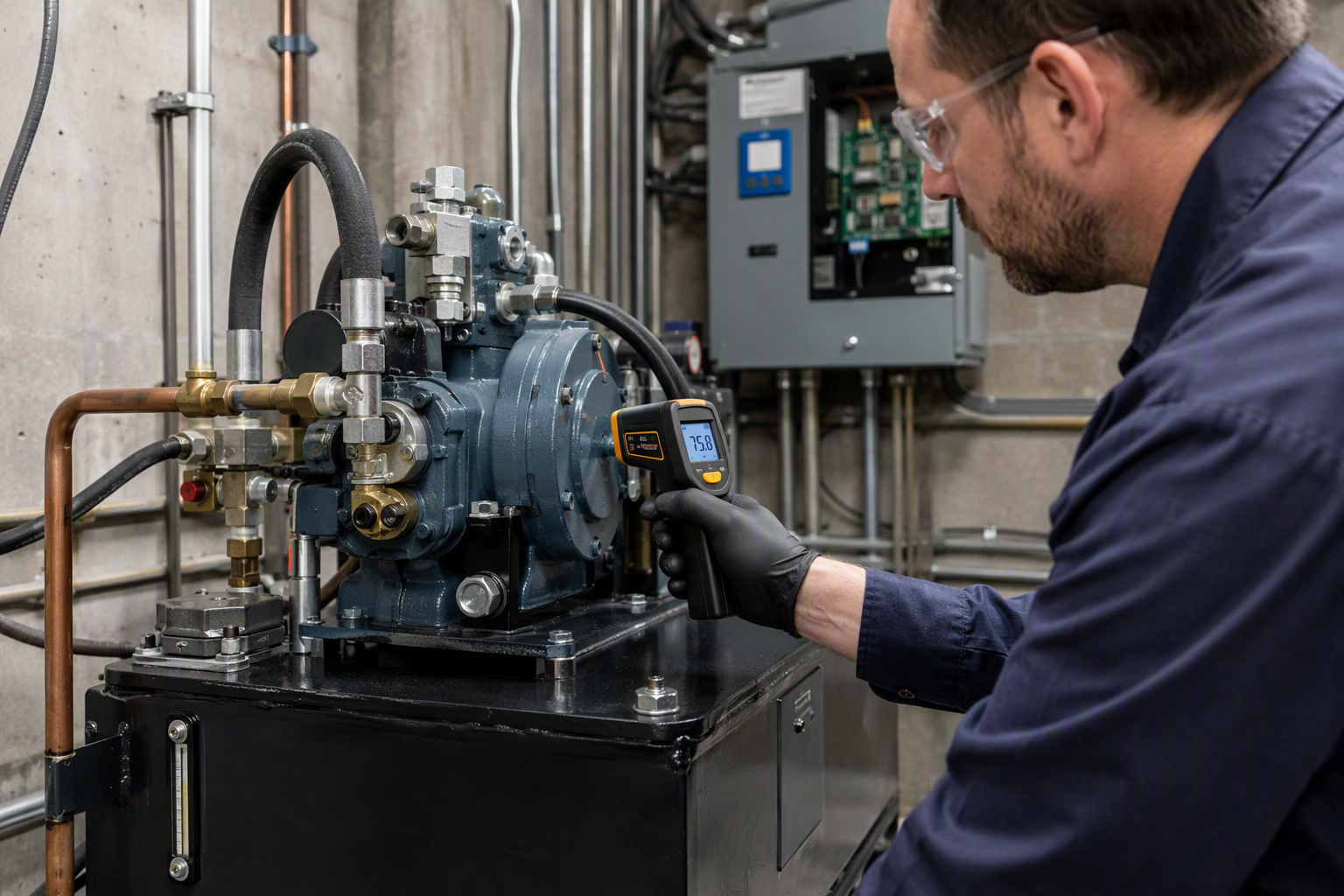 Elevator technician using infrared thermometer to check hydraulic pump temperature inside an Arizona building machine room during summer heat inspection