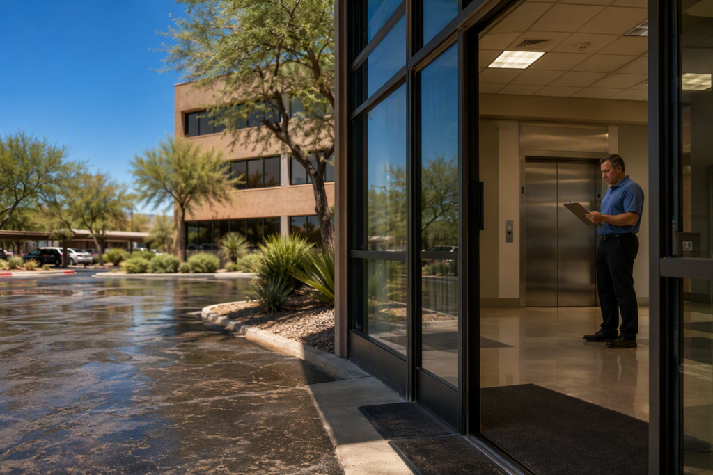 Facility manager reviewing elevator inspection checklist inside a Phoenix AZ office building lobby during Arizona summer heat in August