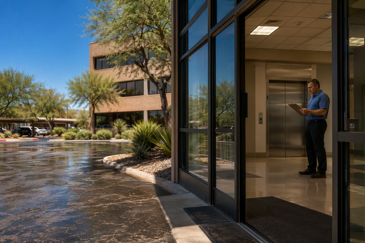 Facility manager reviewing elevator inspection checklist inside a Phoenix AZ office building lobby during Arizona summer heat in August