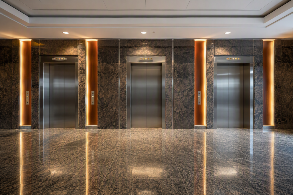Empty commercial elevator bank in a Phoenix office building lobby, illustrating the scale of elevator use relevant to U.S. elevator accident statistics