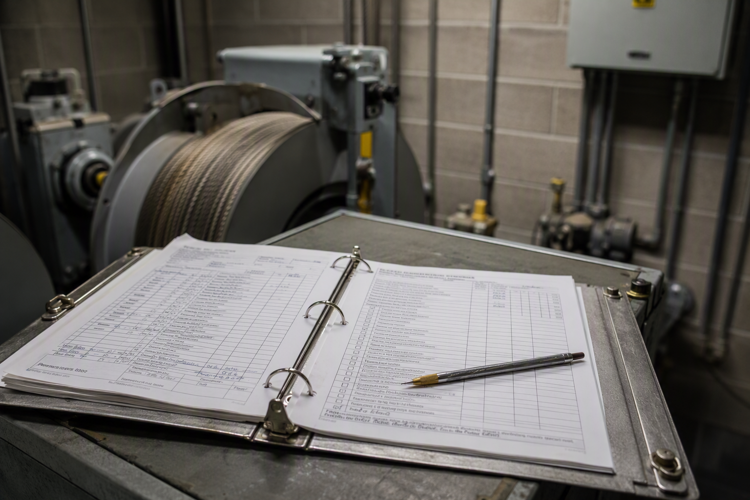 Elevator inspection and maintenance log binder open in a machine room, representing federal data sources behind U.S. elevator injury and fatality statistics