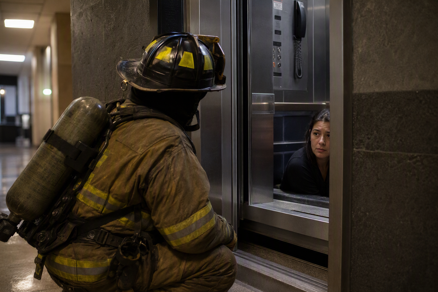 Firefighter communicating with trapped elevator passenger through partially open landing door during emergency rescue in a Tucson AZ commercial building