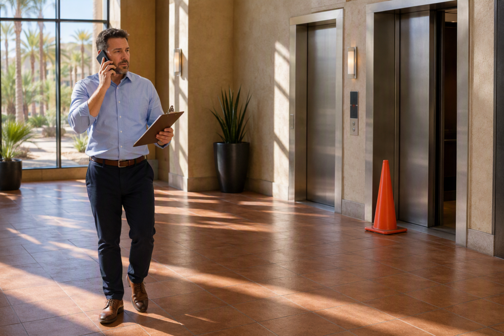 Property manager in Phoenix AZ apartment lobby calling elevator service company during an elevator breakdown, with out-of-service cone at elevator doors