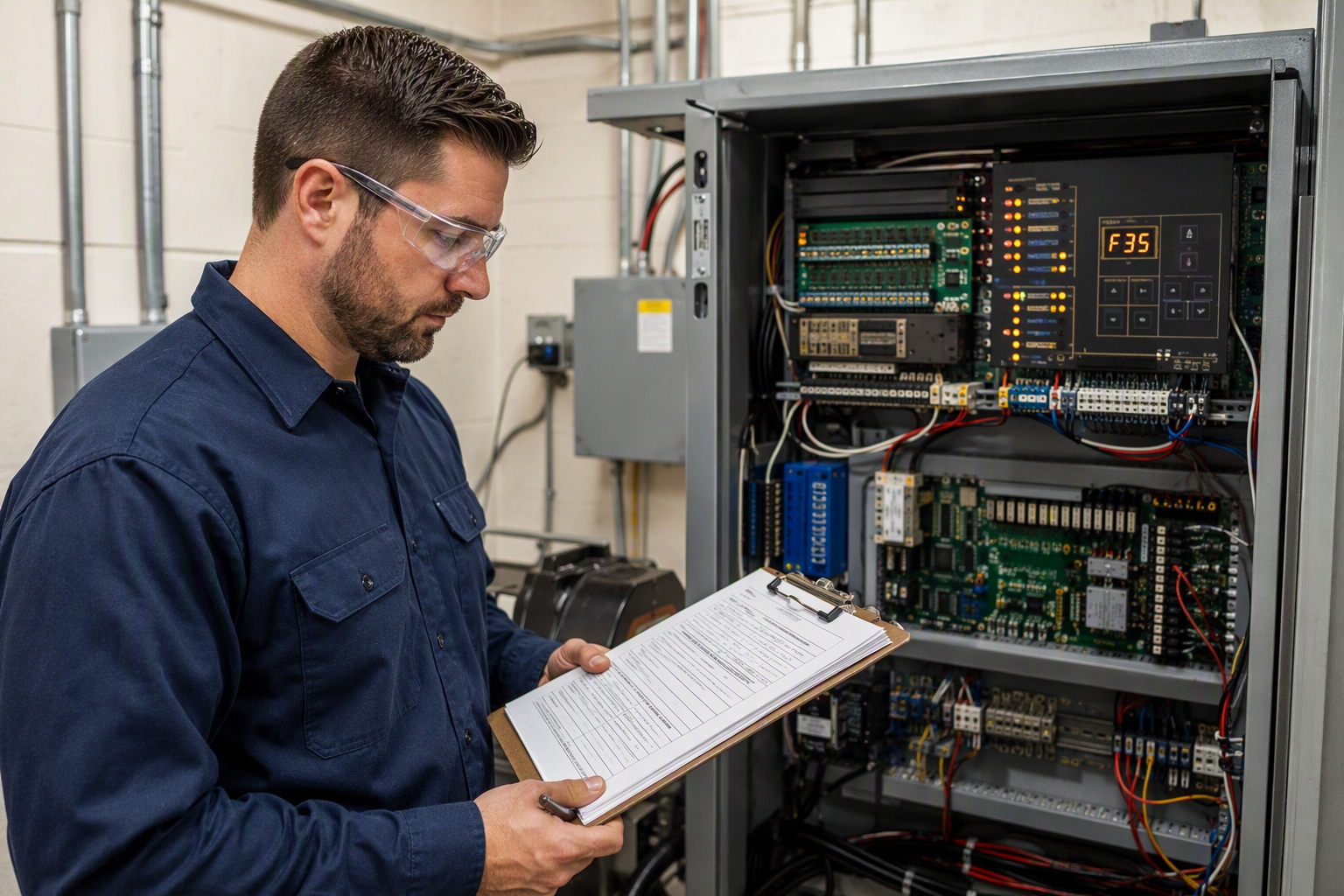 Licensed elevator technician reviewing post-repair service documentation beside open controller cabinet in a Scottsdale AZ building machine room