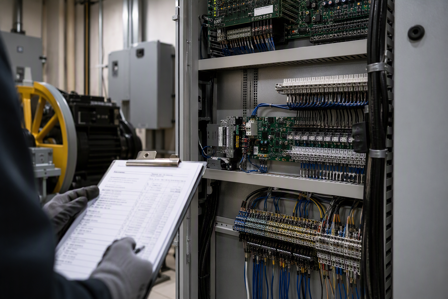 Elevator machine room controller cabinet with inspection checklist, representing the code-required inspection and reactive repair budget categories for building owners