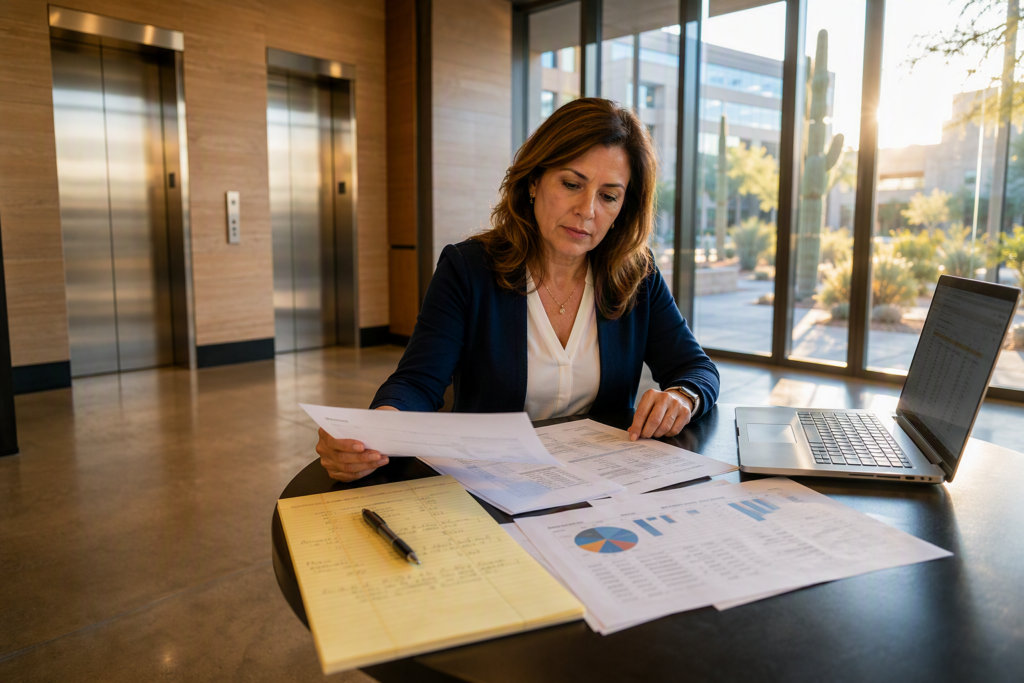 Building manager reviewing elevator maintenance and repair budget documents in a Phoenix commercial office lobby with elevator doors visible in background