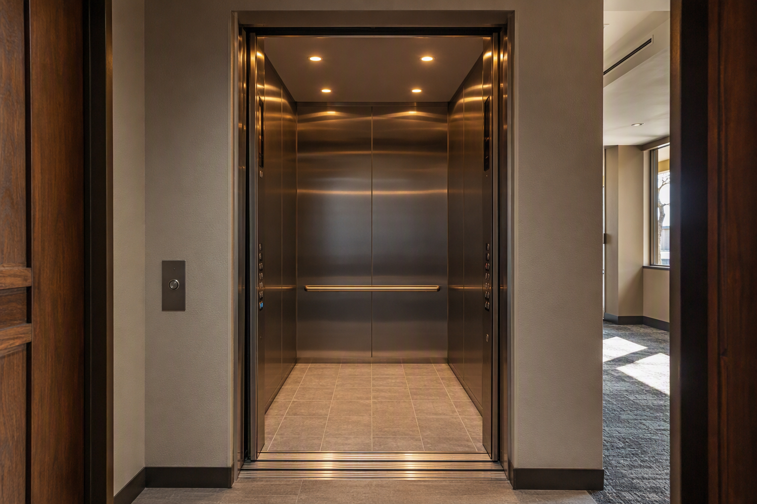 Modernized elevator cab interior with new stainless steel panels, LED lighting, and updated fixtures representing capital modernization reserve costs in an Arizona building