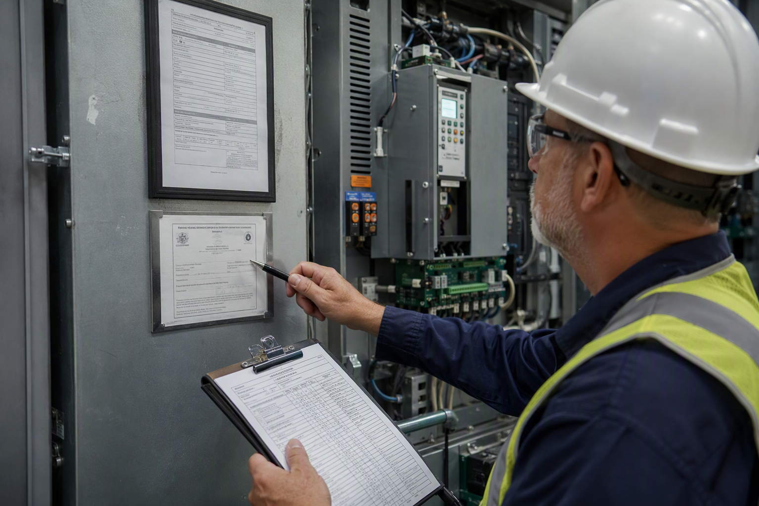 Elevator inspector reviewing compliance certificate and inspection report inside a commercial building machine room in Scottsdale AZ before capital budget approval.