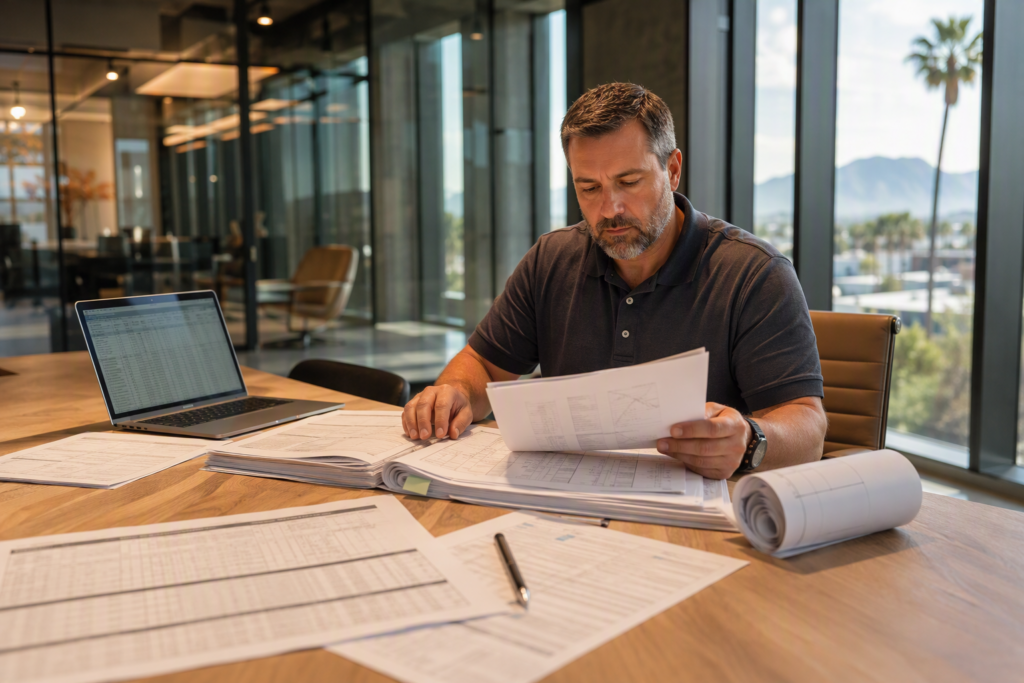 Facility manager reviewing elevator inspection reports and FY2027 capital budget documents at a conference table in a Phoenix AZ commercial office building.