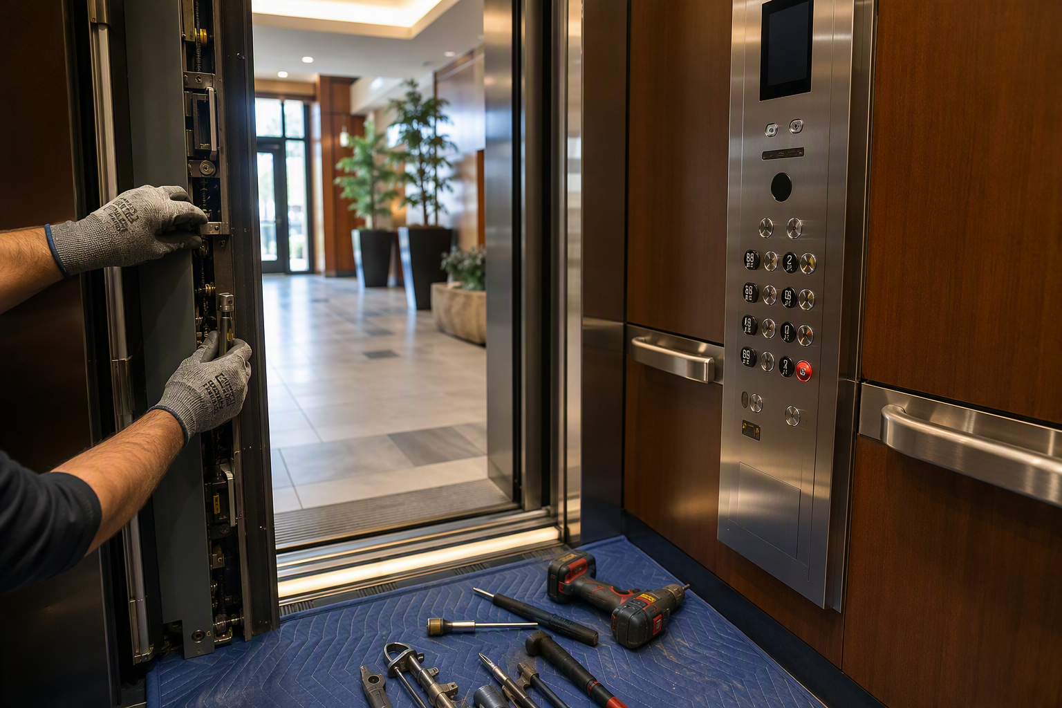 Elevator modernization in progress showing new control panel, door operator, and cab interior upgrades inside a Mesa AZ commercial building elevator.