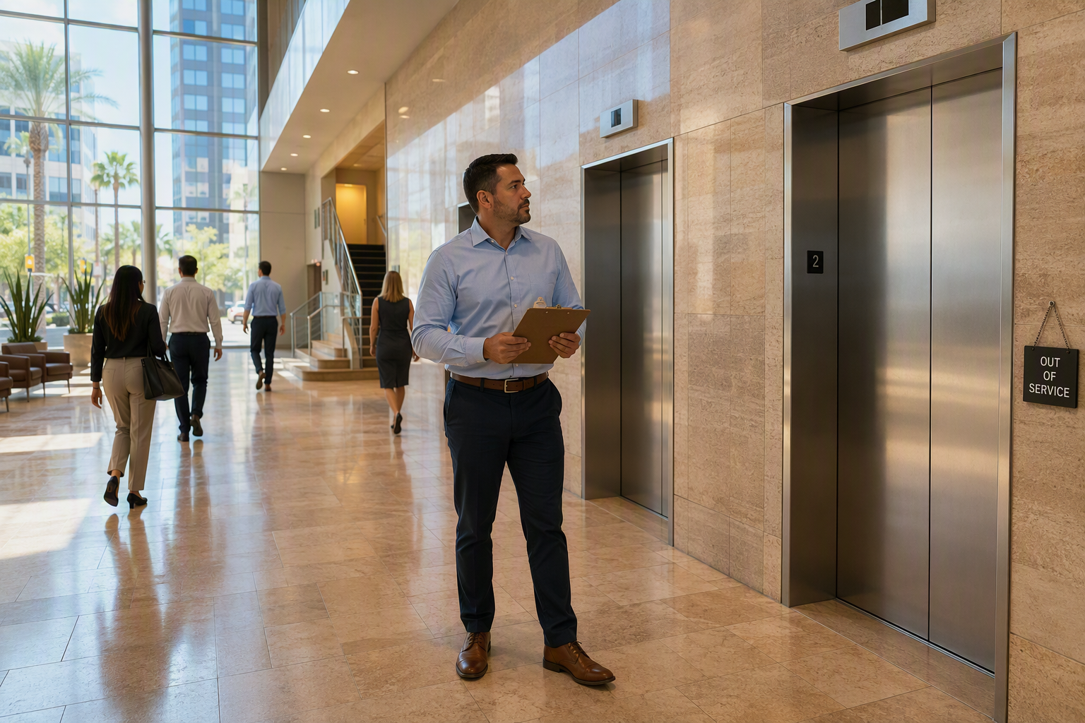 Phoenix AZ office building lobby with an out-of-service elevator and a facility manager reviewing a clipboard, illustrating real elevator downtime cost risks.