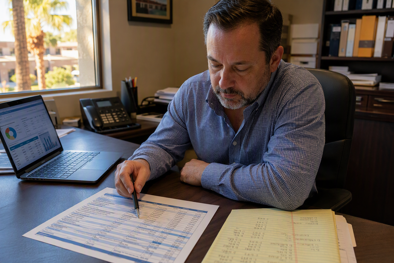 A Phoenix building manager reviews elevator emergency repair cost data at a desk, comparing breakdown repair expenses to preventive maintenance contract pricing.