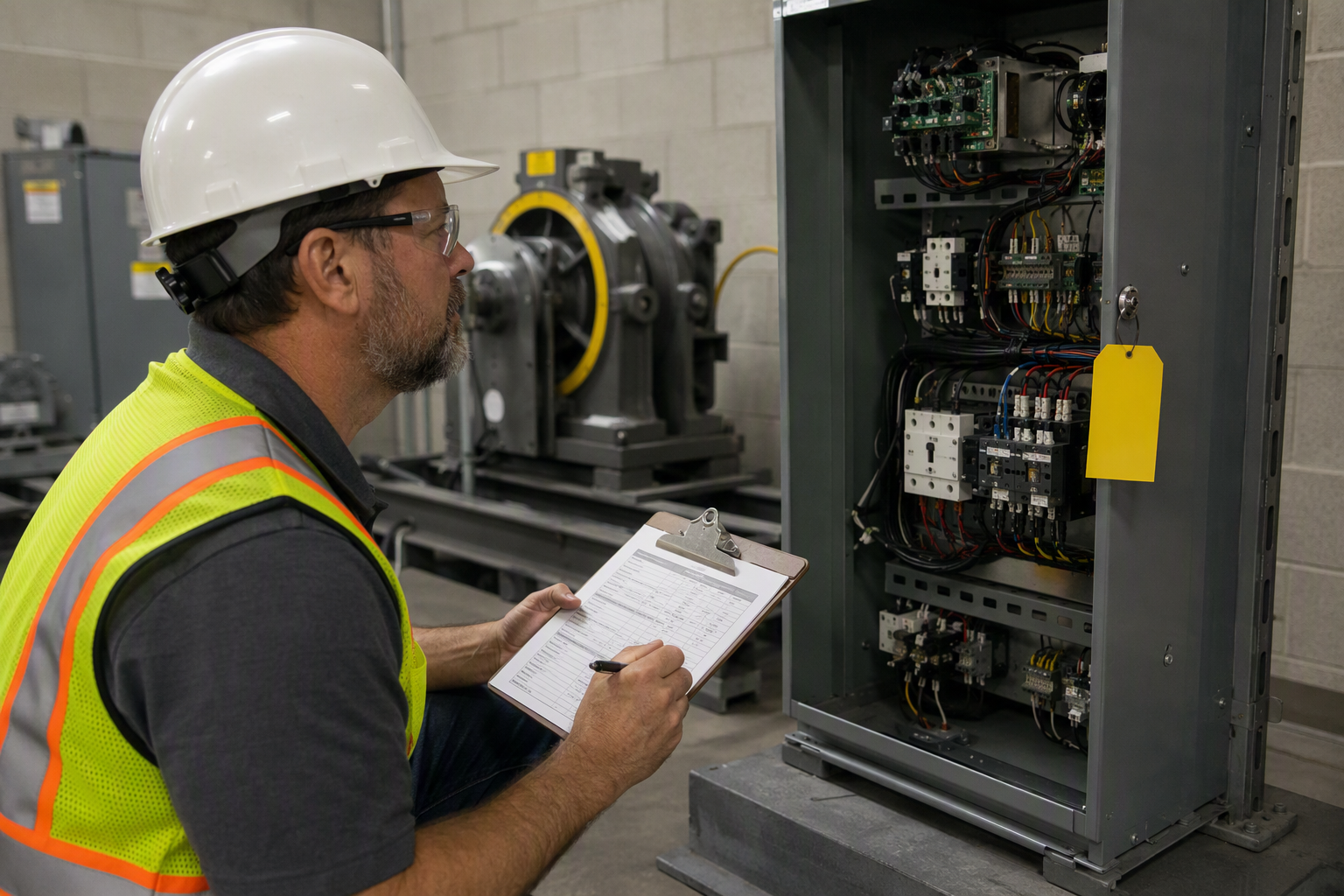 A certified elevator inspector reviews an ASME A17.1 compliance checklist in a Phoenix AZ commercial building machine room during a periodic safety inspection.