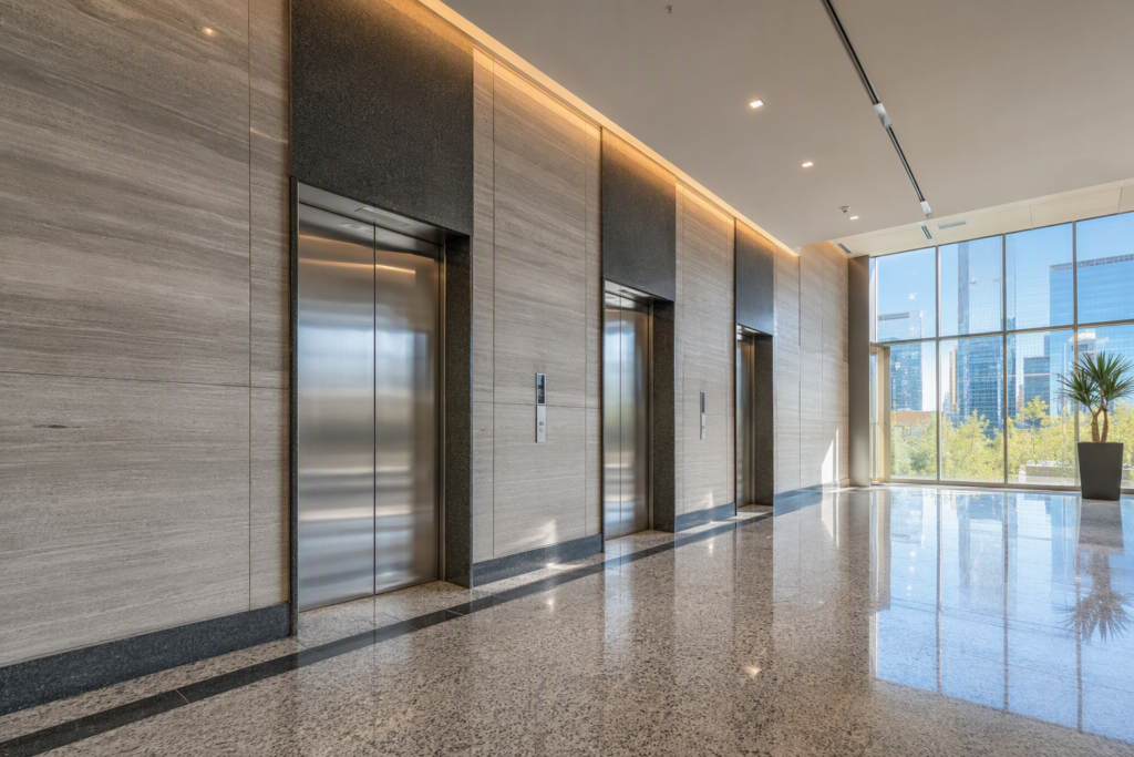 Modern commercial elevator lobby in Phoenix AZ with three stainless steel elevator doors, representing the active U.S. elevator market tracked in elevator industry statistics 2025.