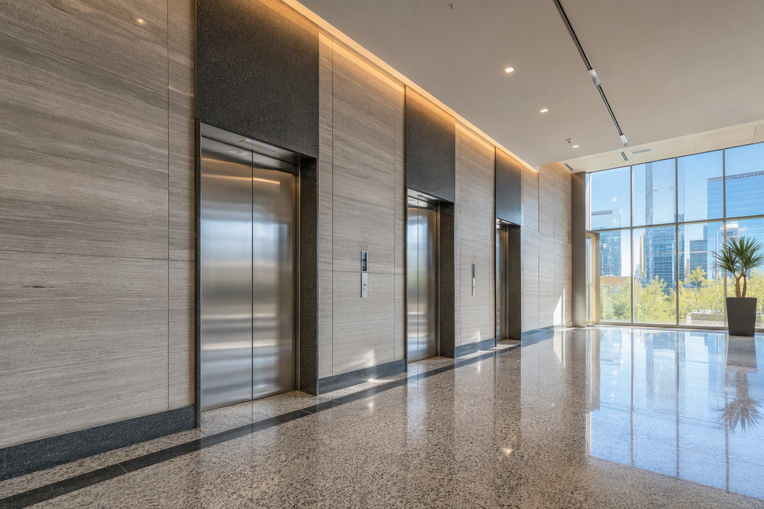 Modern commercial elevator lobby in Phoenix AZ with three stainless steel elevator doors, representing the active U.S. elevator market tracked in elevator industry statistics 2025.