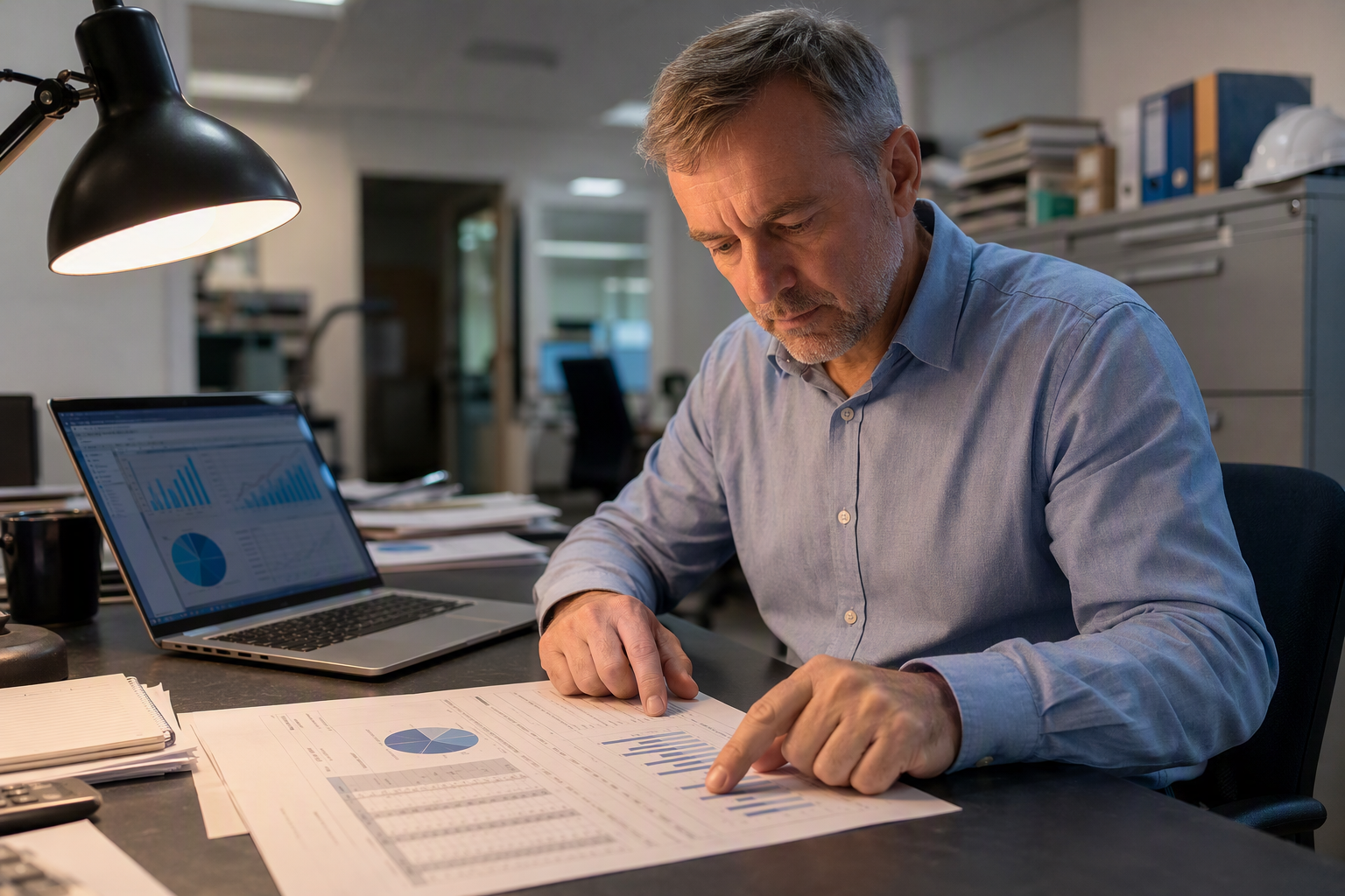 Facility manager reviewing elevator industry market data and statistics at a desk, analyzing the U.S. elevator installed base of approximately one million units ahead of 2025 planning.