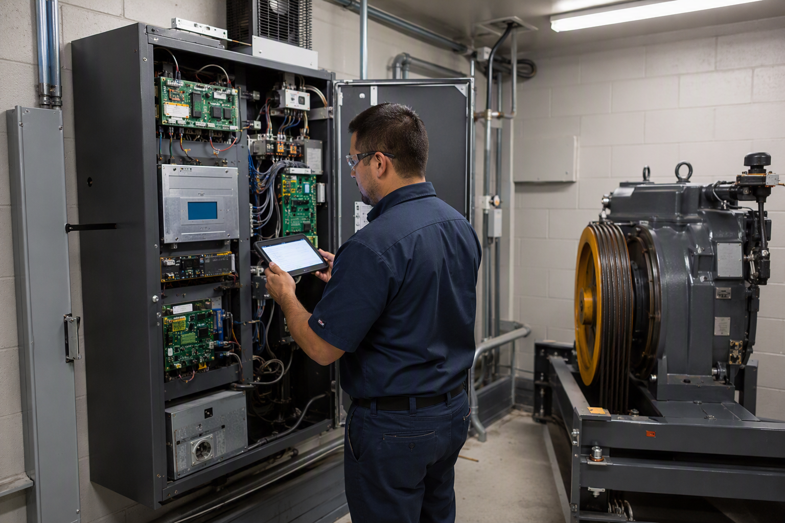 Elevator technician inspecting a modern traction machine-room controller in an Arizona commercial building, a scene driven by aging infrastructure trends in elevator industry statistics 2025.