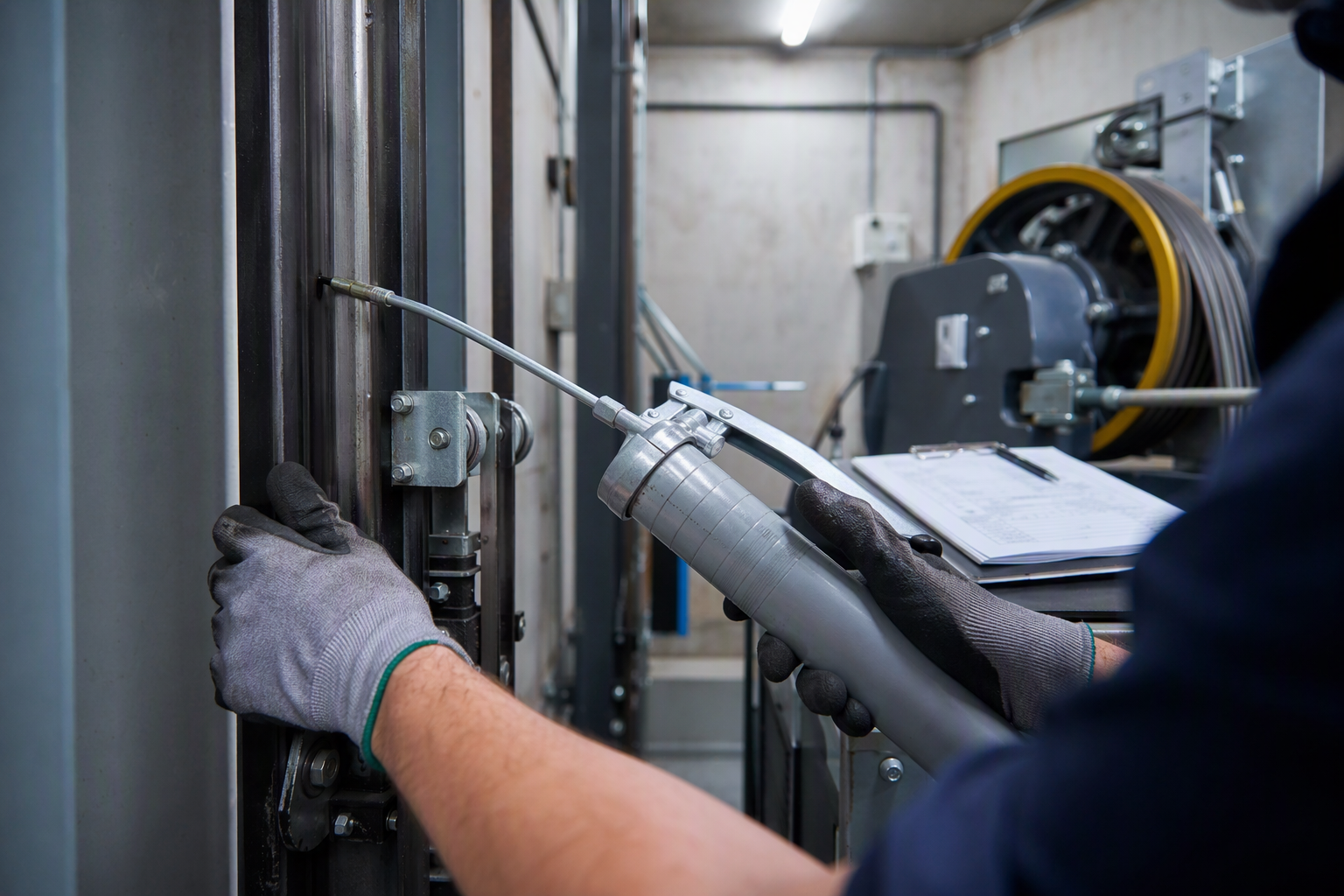 Elevator technician performing lubrication-only oil-and-grease preventive maintenance on guide rails inside a commercial building machine room in Scottsdale AZ