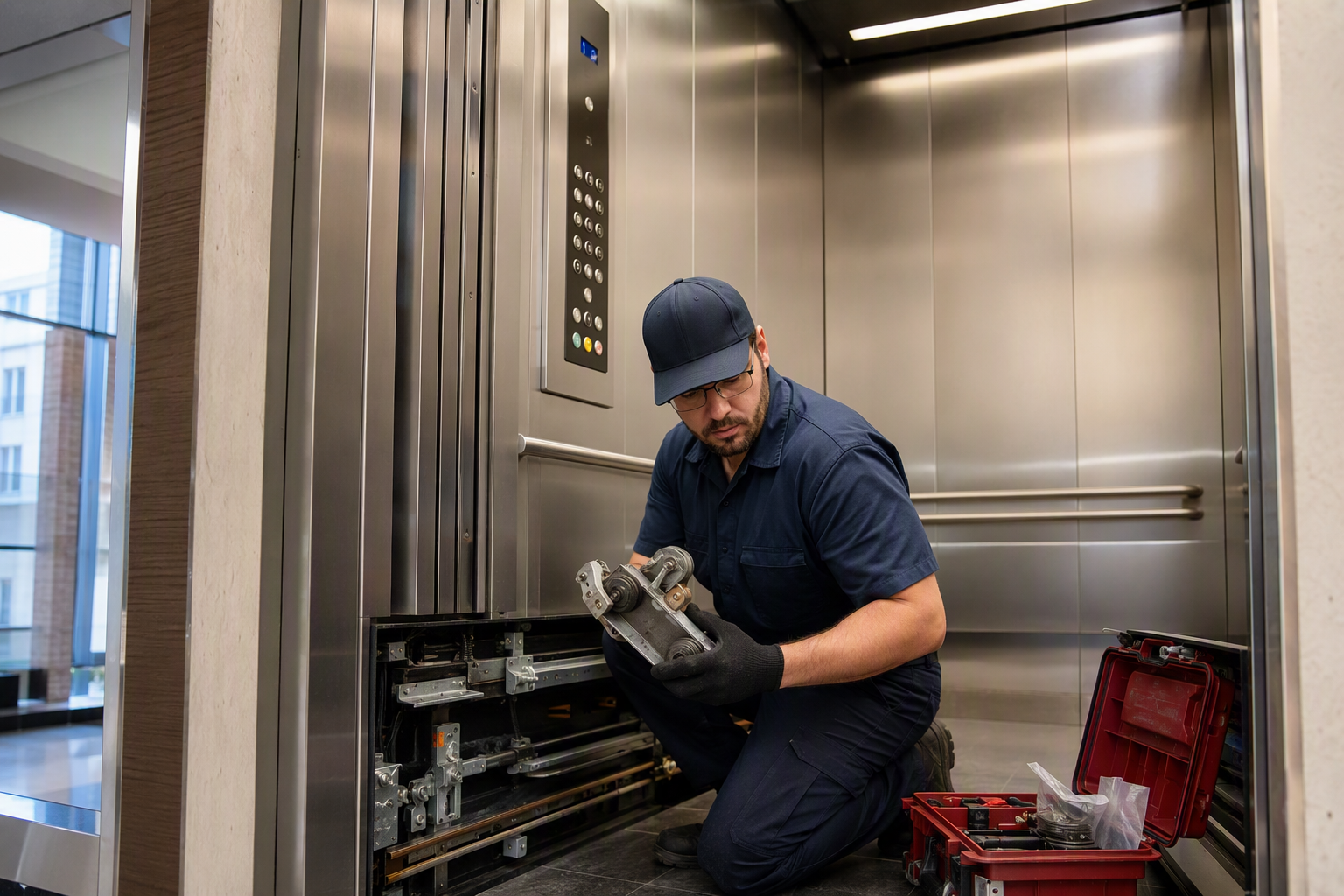 Elevator technician replacing a door operator component inside a modernized elevator cab, illustrating repair labor and parts coverage differences between full-coverage and comprehensive contracts
