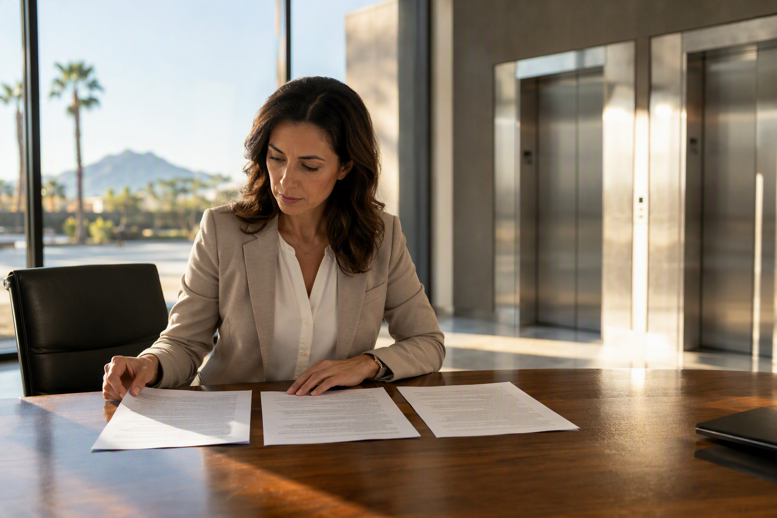 Building manager comparing three elevator maintenance contract types — oil-and-grease, comprehensive, and full coverage — at a conference table in a Phoenix office building