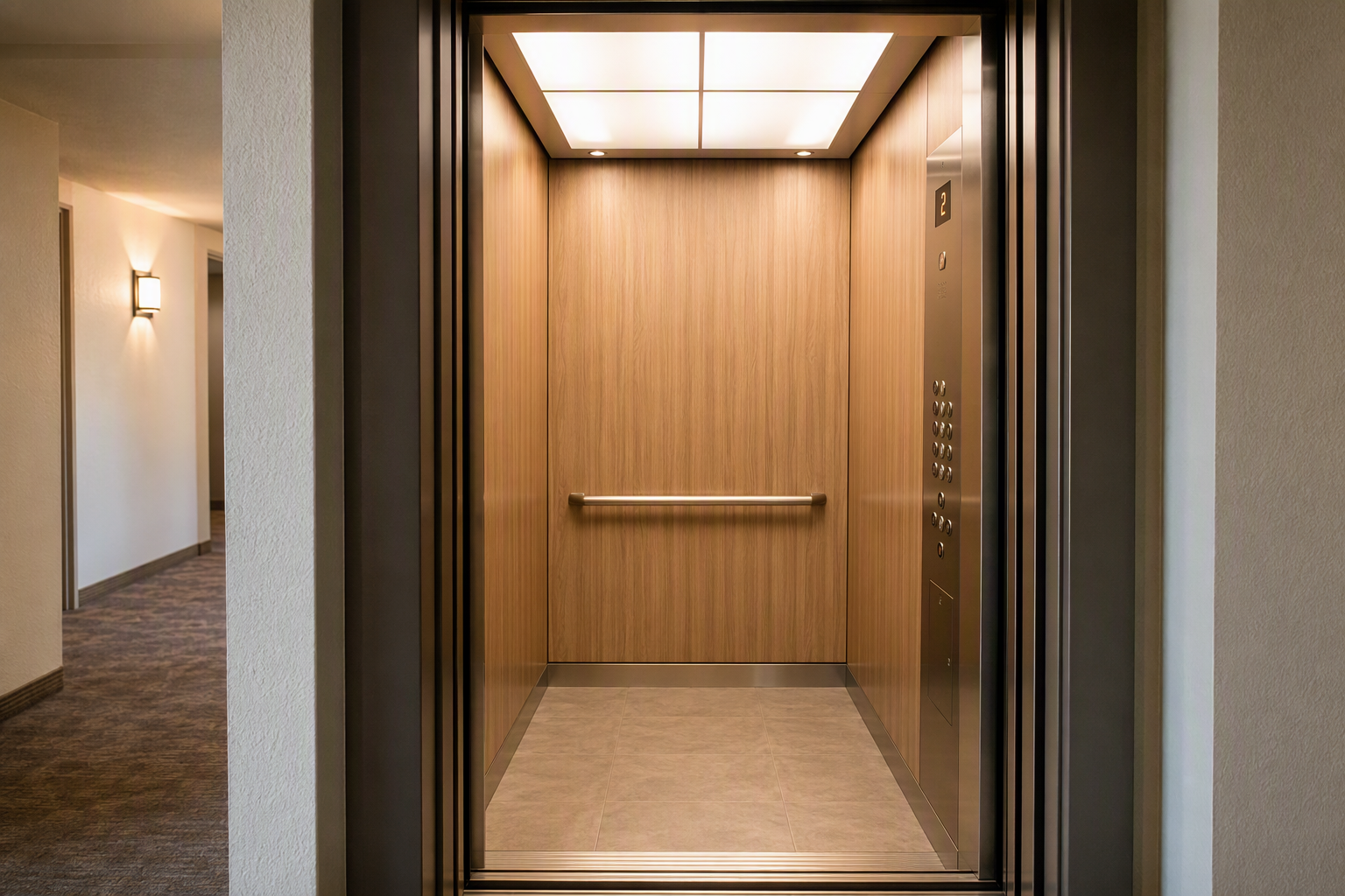 Modernized elevator cab interior with ADA-compliant Braille operating panel, LED ceiling, and stainless handrail in a Tucson AZ multifamily residential building