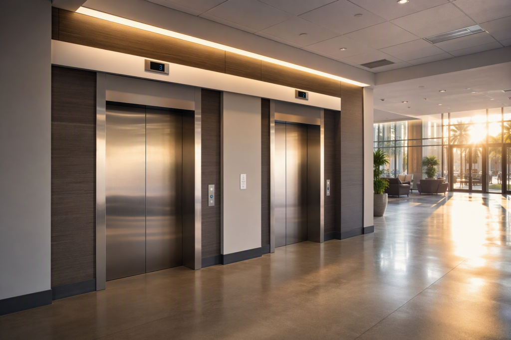 Modernized commercial elevator bank with brushed stainless steel doors and new LED hall fixtures in a Phoenix AZ mid-rise office building lobby