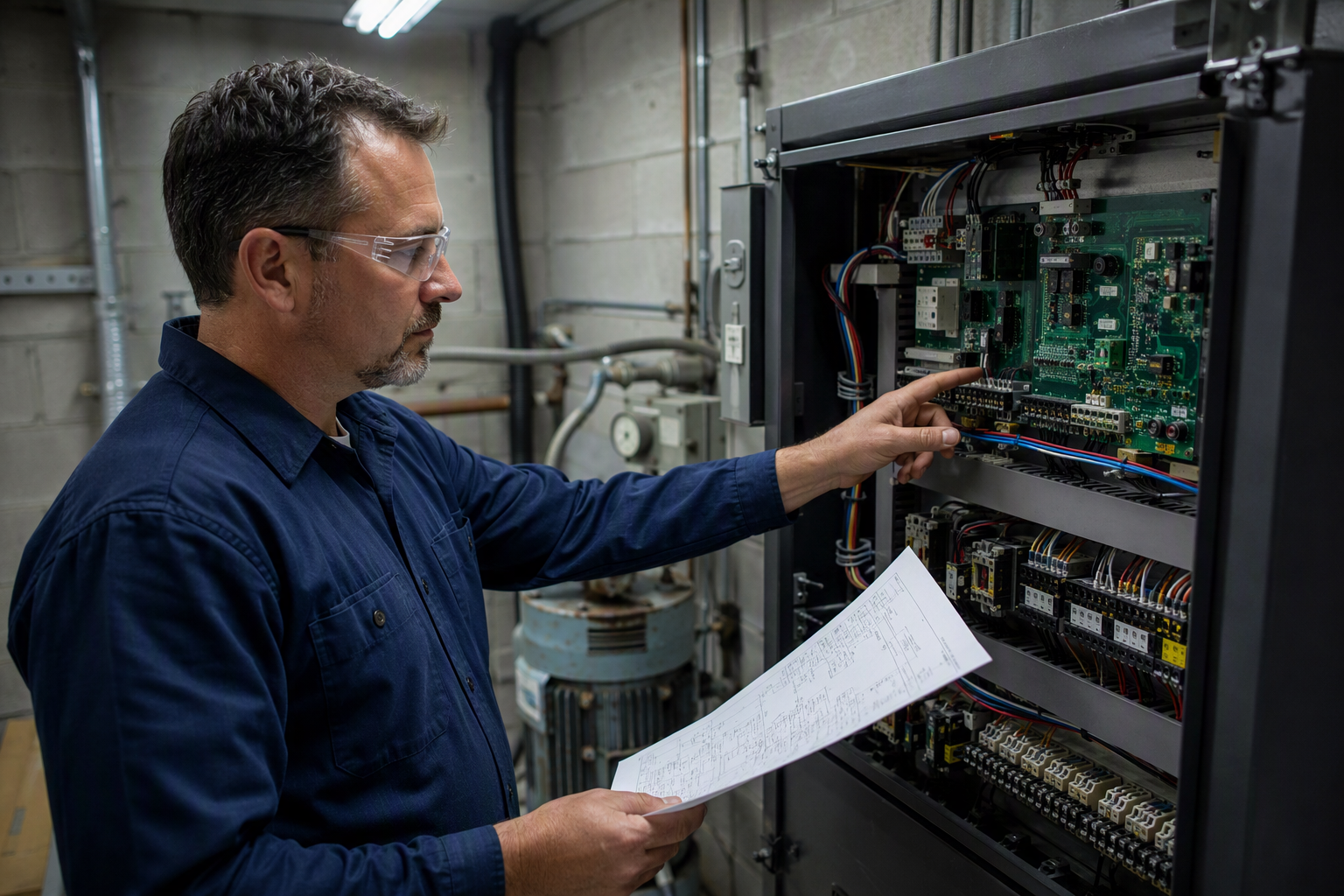 Elevator technician inspecting a hydraulic elevator controller cabinet inside a machine room in Arizona, a key cost factor in elevator modernization projects