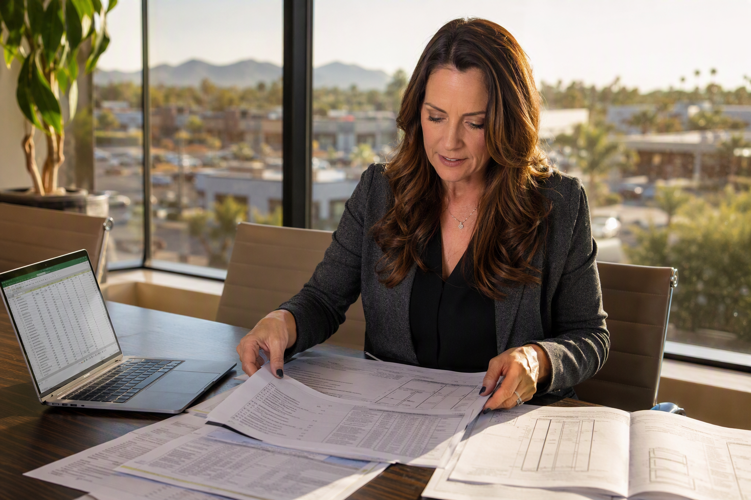 Property manager in Scottsdale Arizona reviewing elevator modernization cost proposals and pricing breakdowns at a conference table