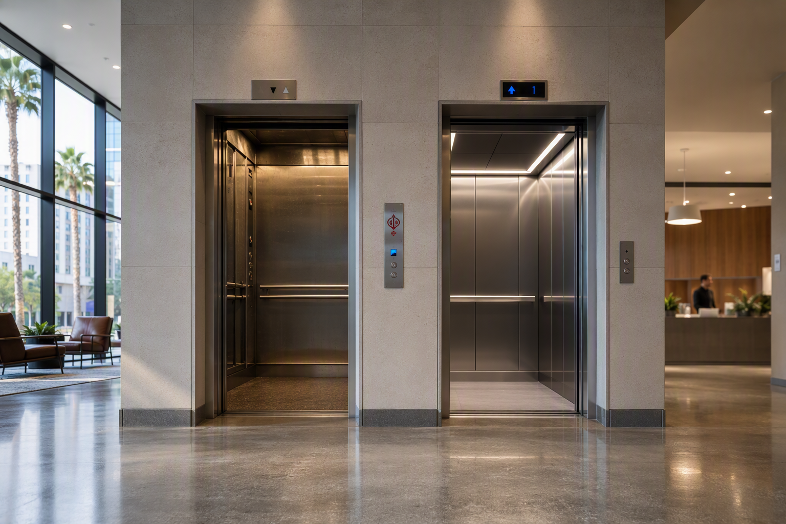 Side-by-side comparison of an older elevator cab and a newly modernized elevator interior in a Phoenix Arizona commercial office building lobby showing modernization cost differences