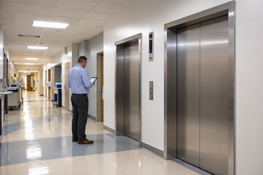Modernized elevator lobby inside a Phoenix Arizona healthcare facility showing new stainless-steel cab doors, LED indicators, and a facility manager reviewing an upgrade plan.