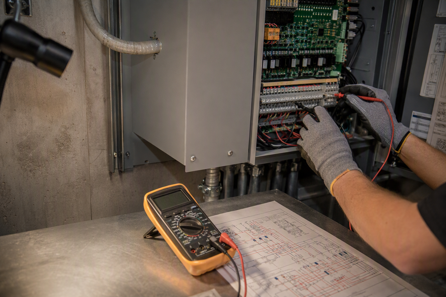 VVVF Drive Controller – Machine Room Inspection Elevator technician testing a modern VVVF drive controller in a Scottsdale Arizona hospital machine room, illustrating maintenance cost reduction from elevator modernization.