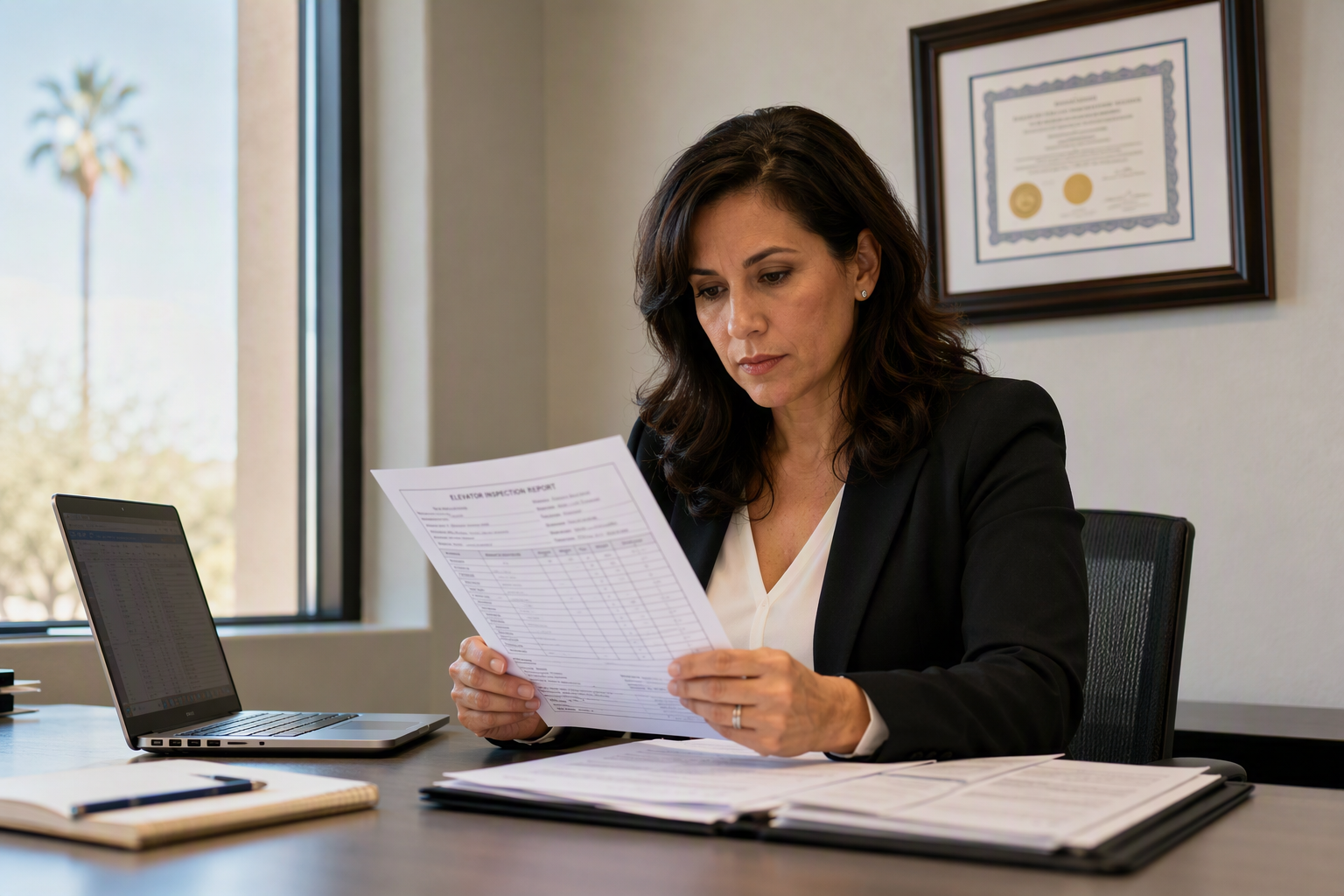 Elevator Compliance Review – Healthcare Facility Office Healthcare facility compliance officer in Mesa Arizona reviewing elevator inspection report and ASME A17.1 compliance certificate related to elevator modernization regulatory requirements.
