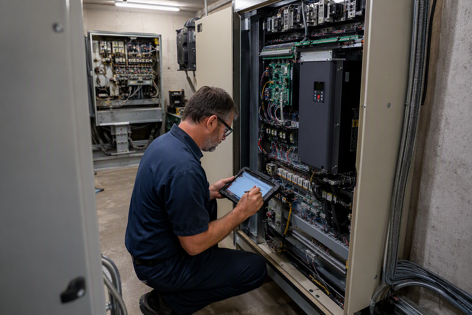 Elevator technician inspecting a newly installed controller and variable-frequency drive in a Scottsdale AZ building machine room during a controls modernization project