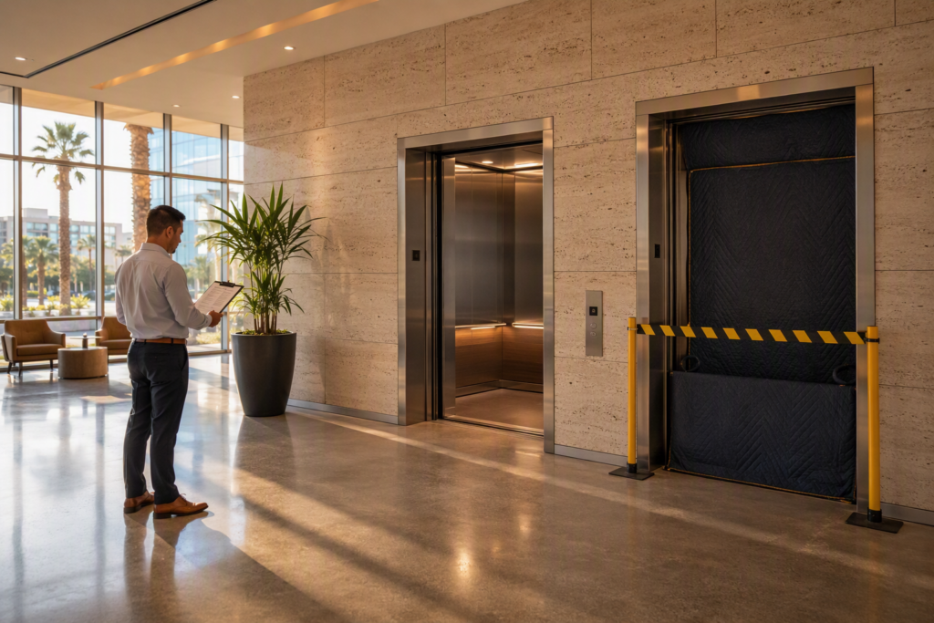 Phoenix AZ commercial building lobby with one modernized elevator in service and one cordoned off during modernization, illustrating elevator downtime management for tenants