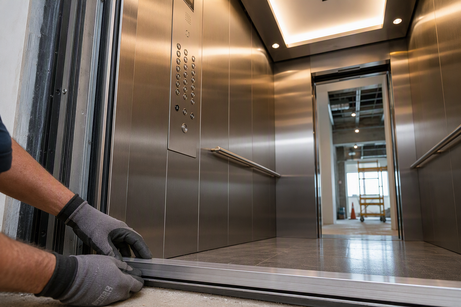 Newly modernized elevator cab interior in a Tucson AZ residential building showing ADA-compliant button panel, stainless steel walls, and LED lighting installed during full cab modernization