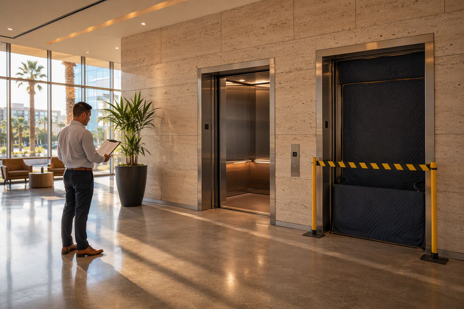 Phoenix AZ commercial building lobby with one modernized elevator in service and one cordoned off during modernization, illustrating elevator downtime management for tenants