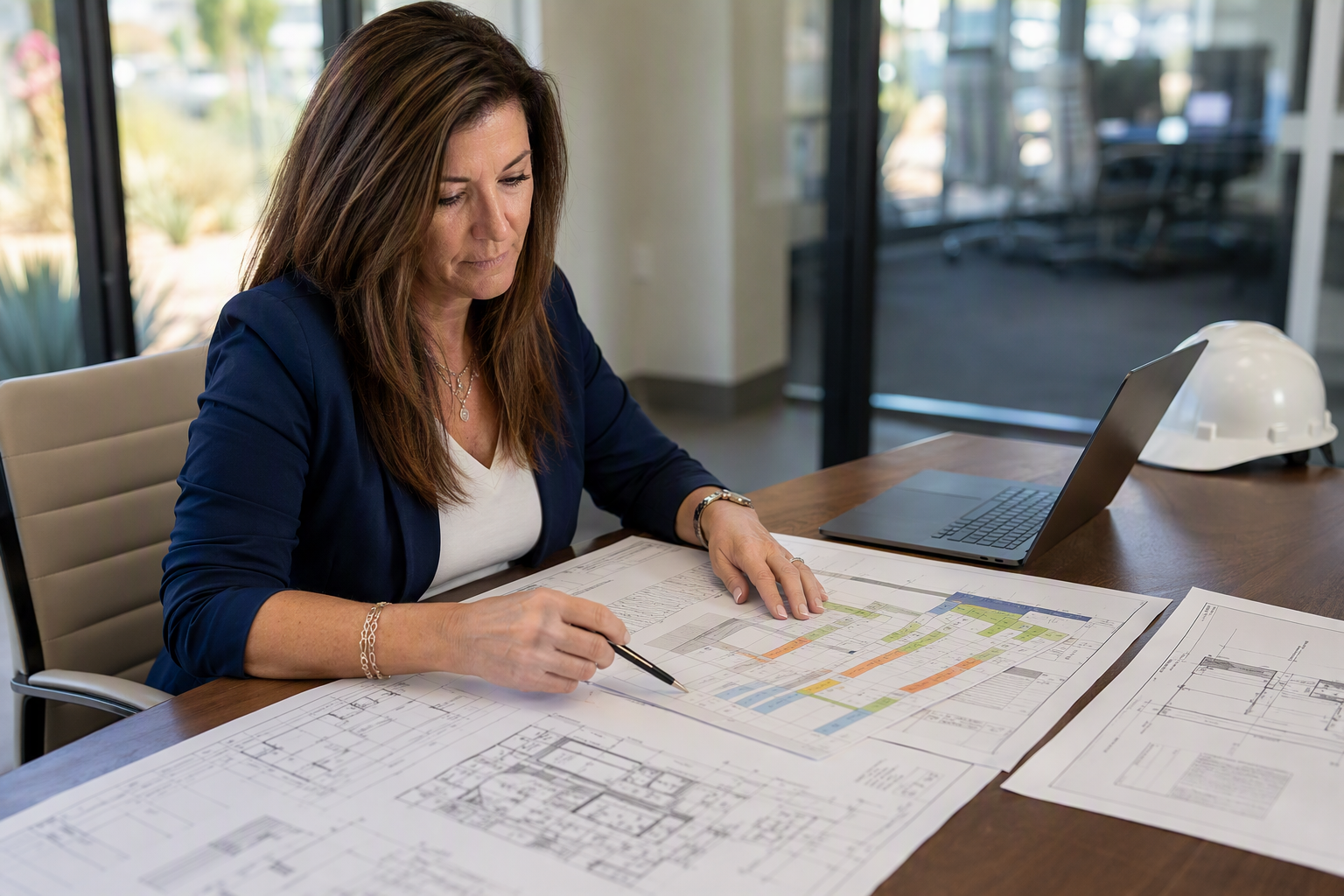 Planning Elevator Modernization Downtime Property manager in Scottsdale AZ reviewing elevator modernization phased schedule and engineering drawings to plan downtime and minimize disruption during the project