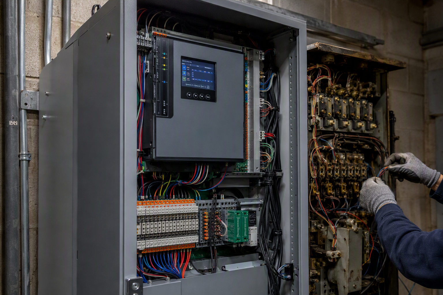 Elevator Controller Replacement in Machine Room New solid-state elevator controller being installed in a Mesa AZ machine room during modernization, with old relay-logic panel being replaced to improve reliability and code compliance