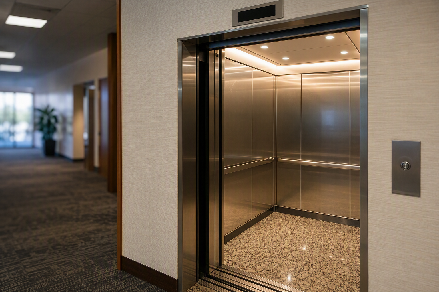 Modernized Elevator Cab Interior Newly modernized elevator cab interior in a Phoenix AZ office building, showing brushed stainless panels, LED lighting, and updated digital floor indicator after modernization project