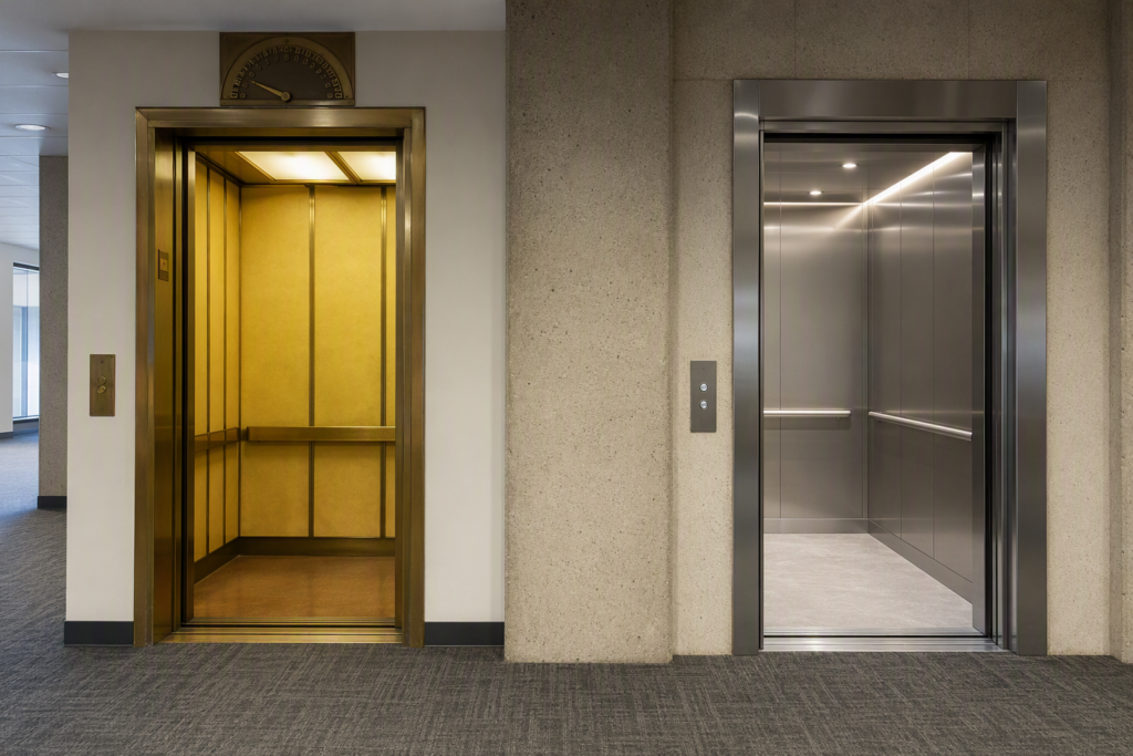 Side-by-side comparison of an older elevator cab and a modernized elevator cab in a Phoenix AZ commercial office building, illustrating elevator modernization vs full replacement options.