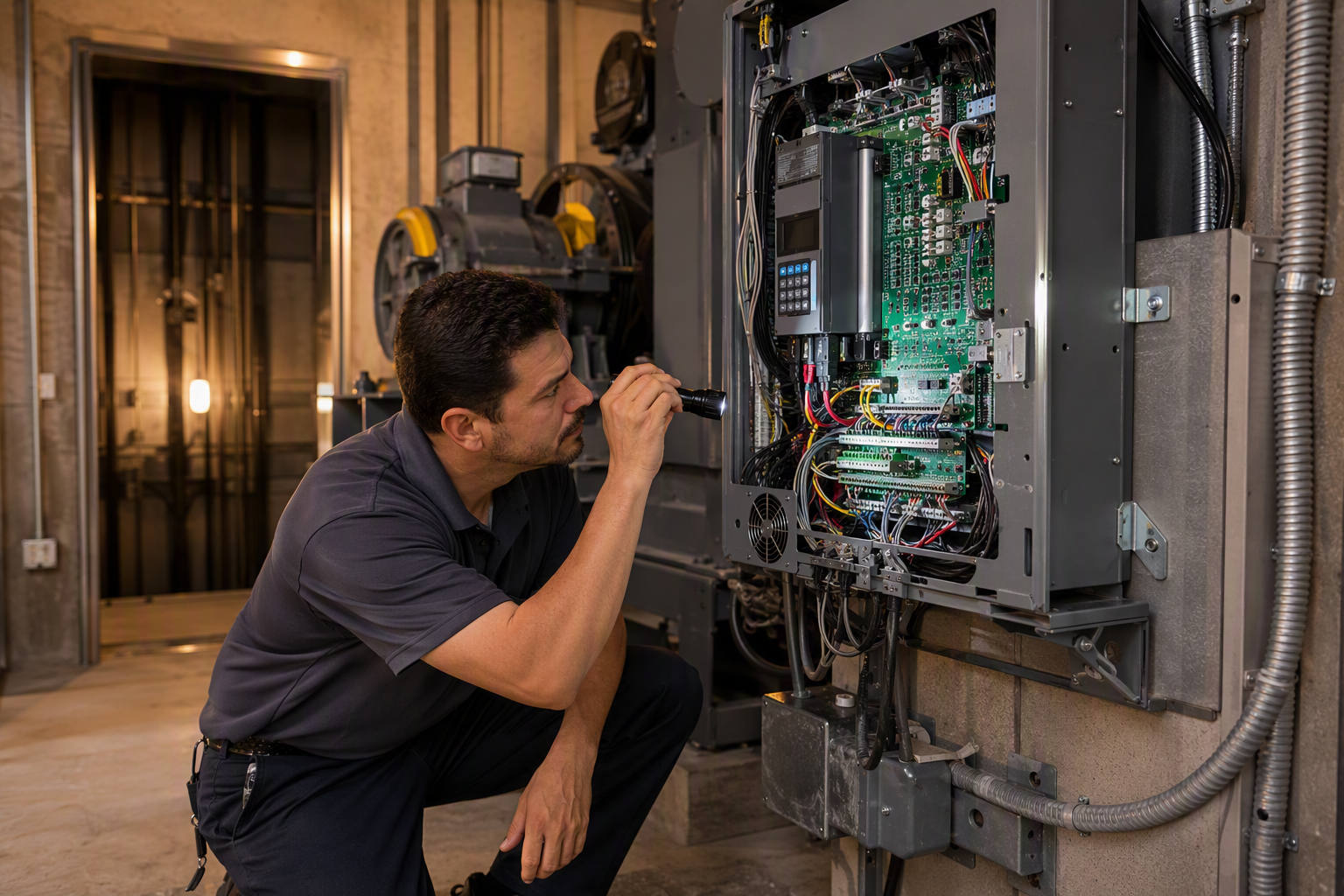 Elevator technician inspecting a motor drive controller in a Scottsdale Arizona machine room to evaluate modernization versus full replacement cost factors