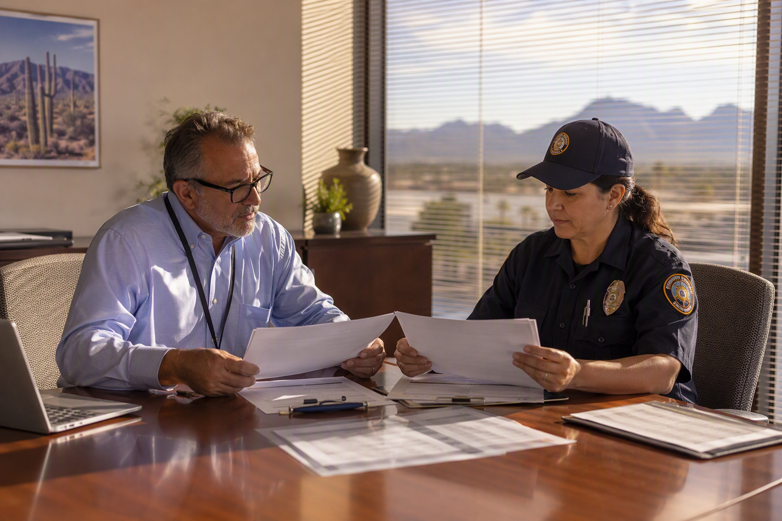Healthcare facility manager and elevator inspector reviewing ASME A17.1 compliance documentation in Tucson Arizona to determine financial impact of elevator modernization requirements