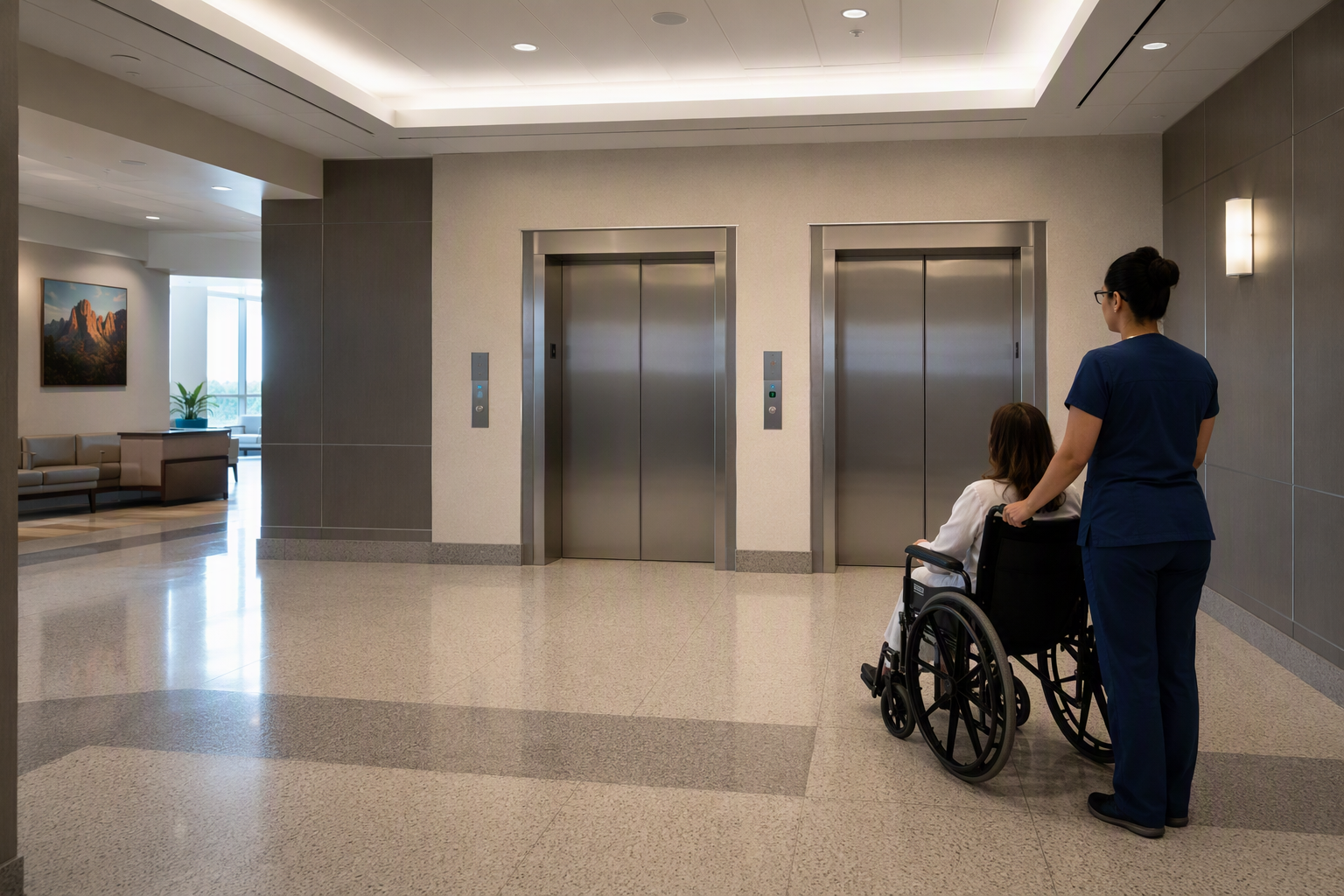 Hospital elevator lobby in a Phoenix Arizona healthcare facility showing stainless-steel elevator doors and patient transport area relevant to elevator modernization vs replacement decisions