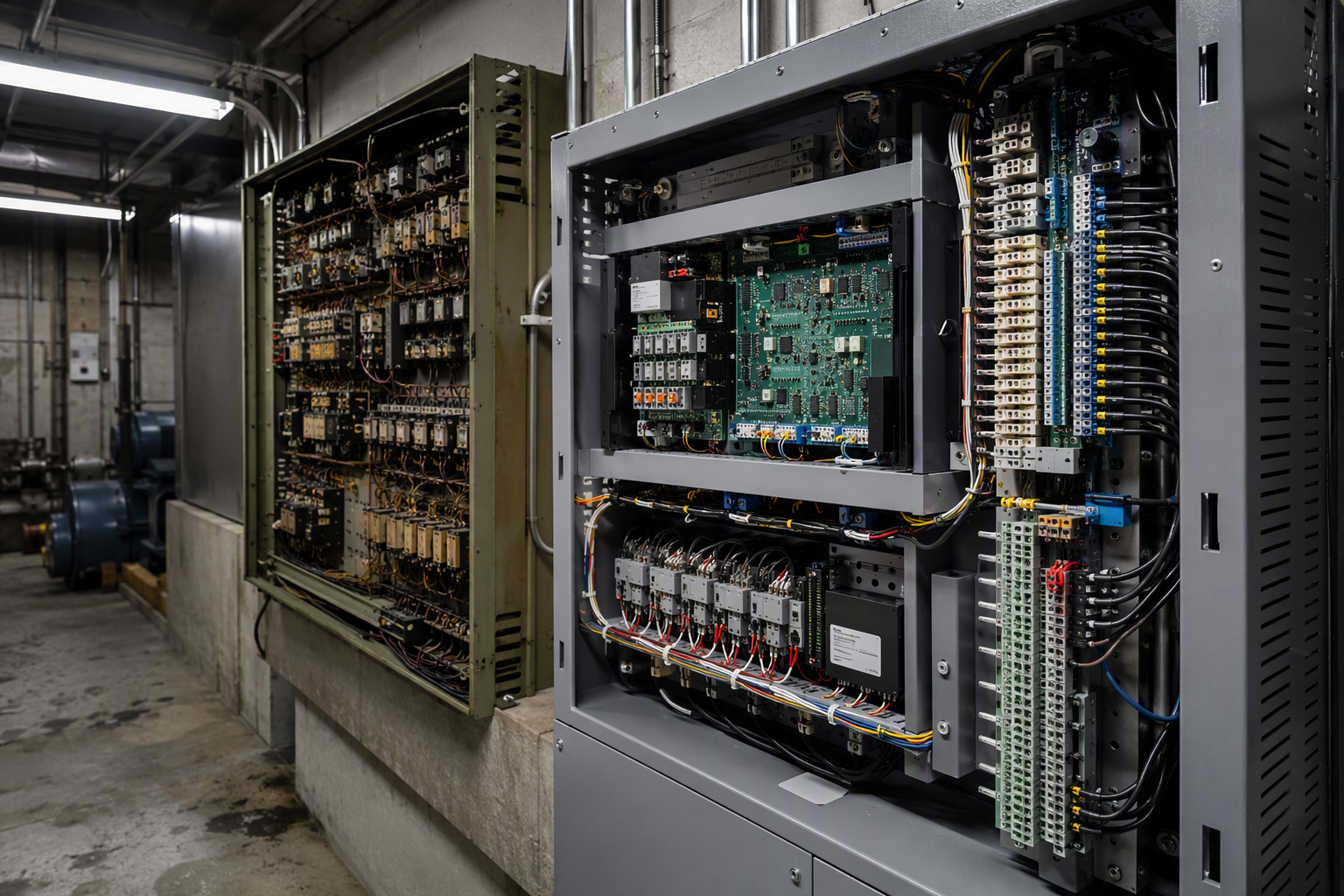 New solid-state elevator control cabinet installed beside an outdated relay-logic panel in a Scottsdale AZ machine room, a core component swap in elevator modernization projects.