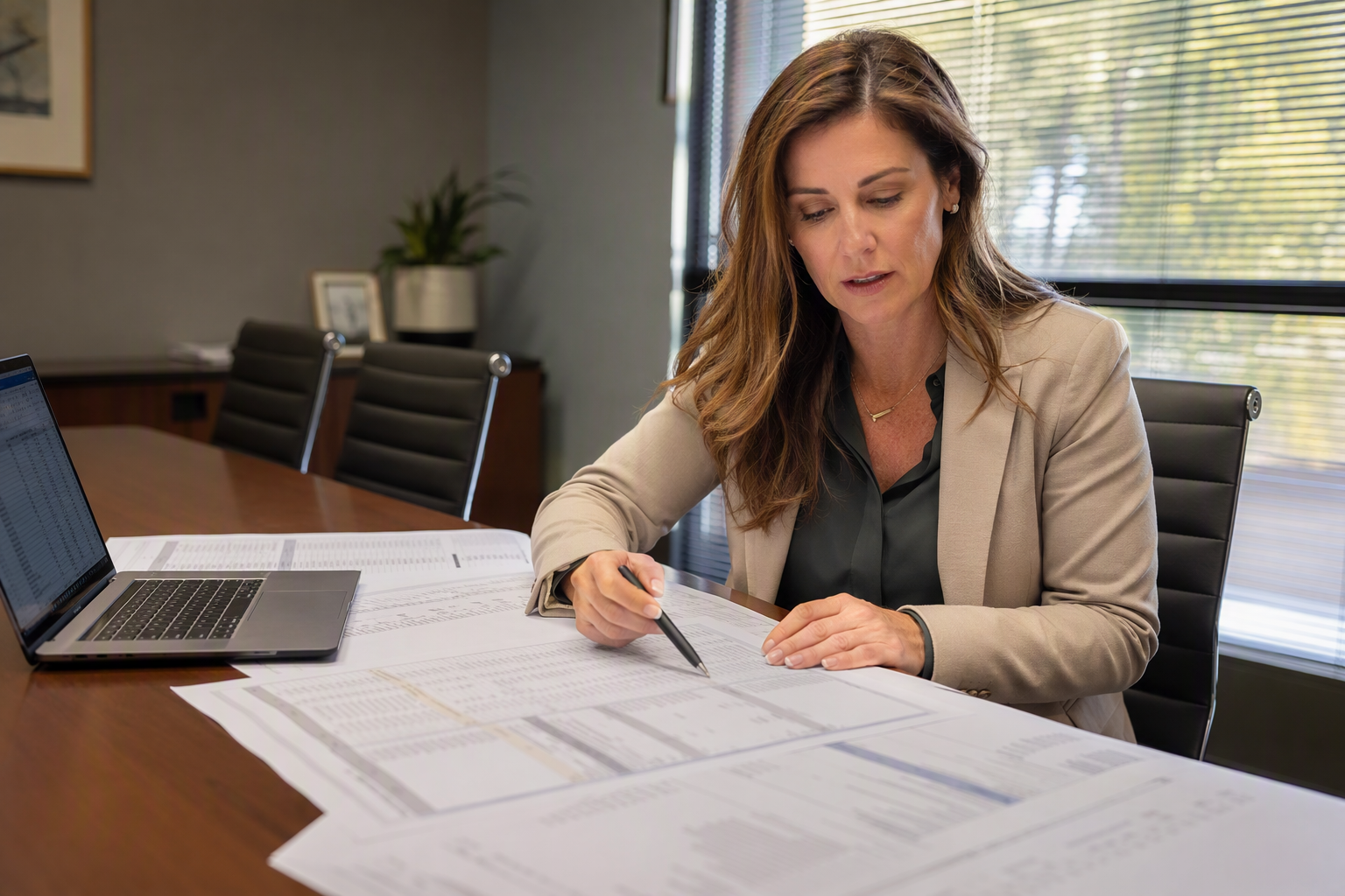Facilities manager in Mesa AZ reviewing elevator modernization versus full replacement cost comparison documents at a conference table to guide a building upgrade decision.